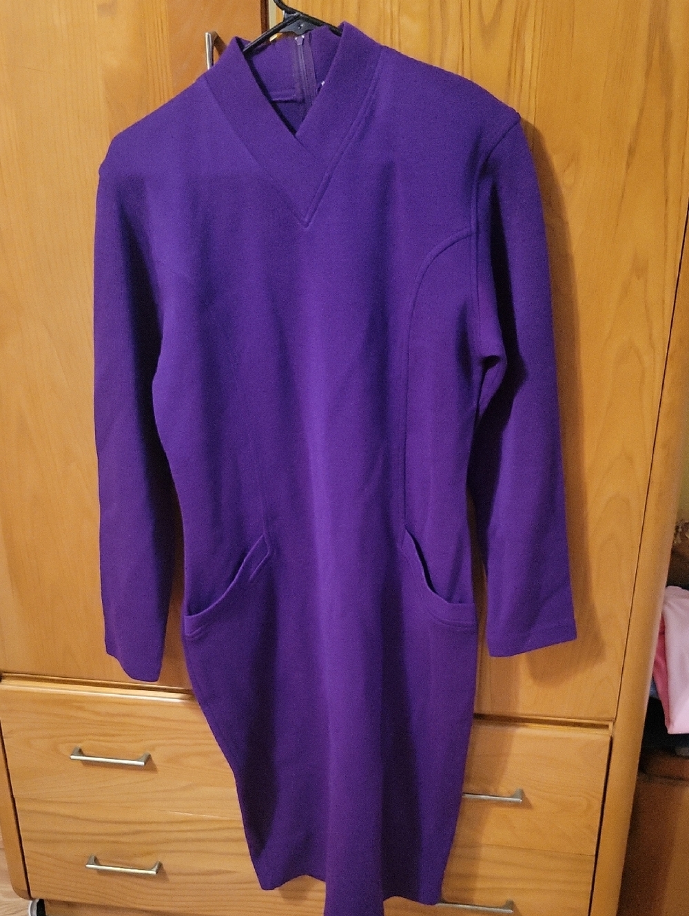 Lauren Alexander Y2K Purple V-Neck Long Sleeve Merino Wool Knit Dress Sz L.